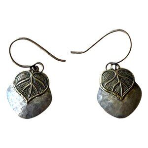 Artisan Sterling Silver Hammered Leaf Dangle Drop Earrings Boho Ethnic Trible